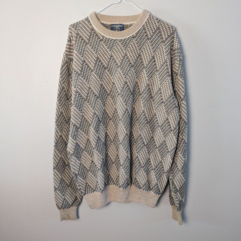 Vintage Salmon River Traders Mens Sweater XLT Tan Black Harlequin Grandpa